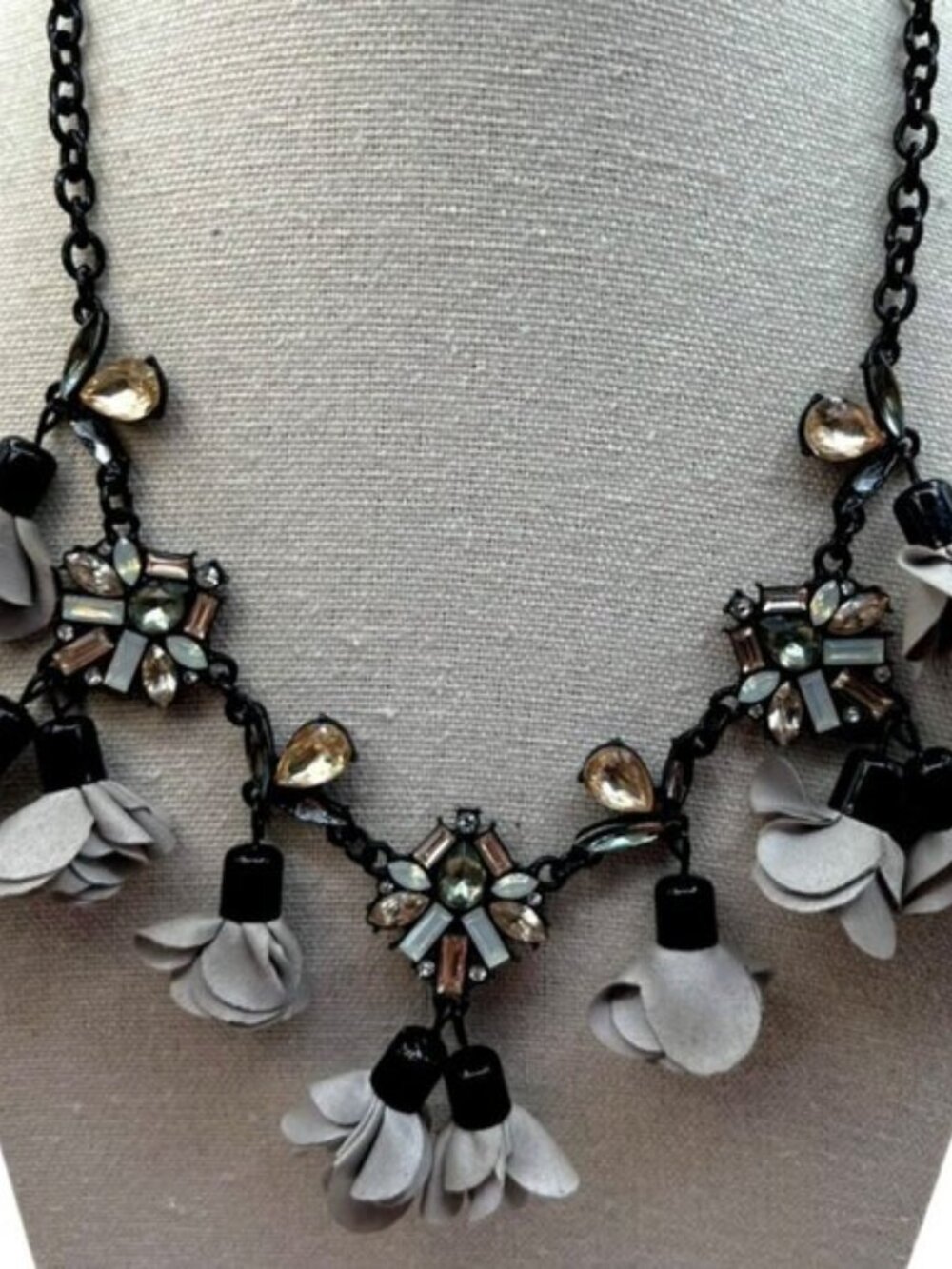 INC Statement Necklace With Fabric Flowers & Crystal Accents.  C16